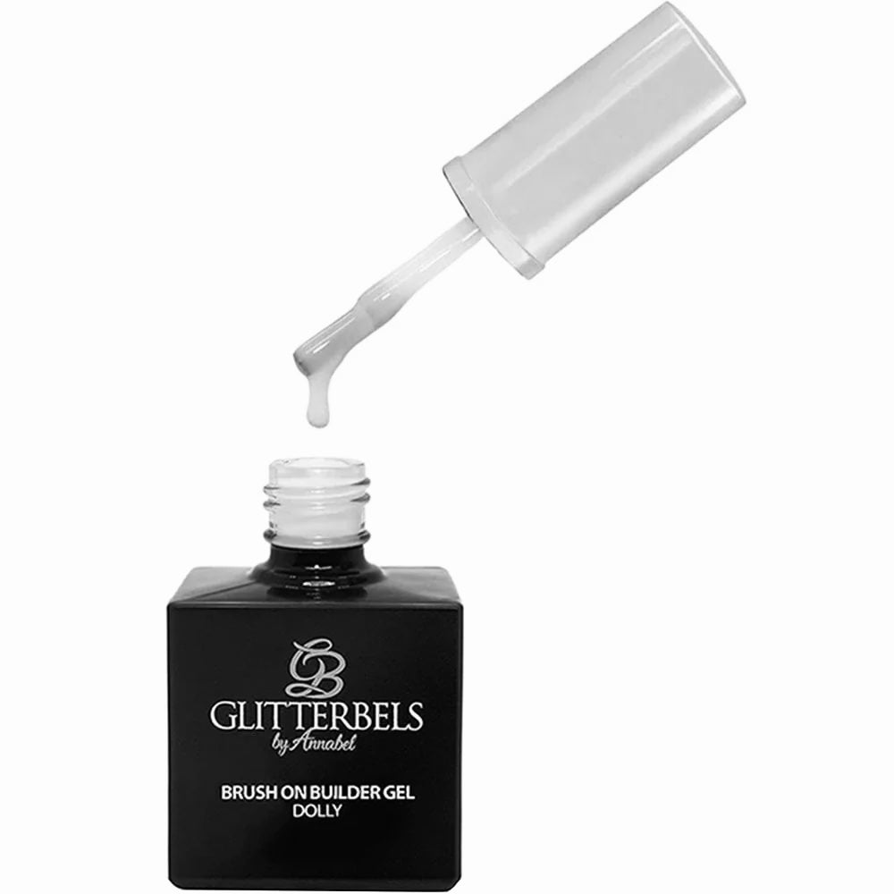 Black bottle of Glitterbels nail gel with a white applicator on a white background